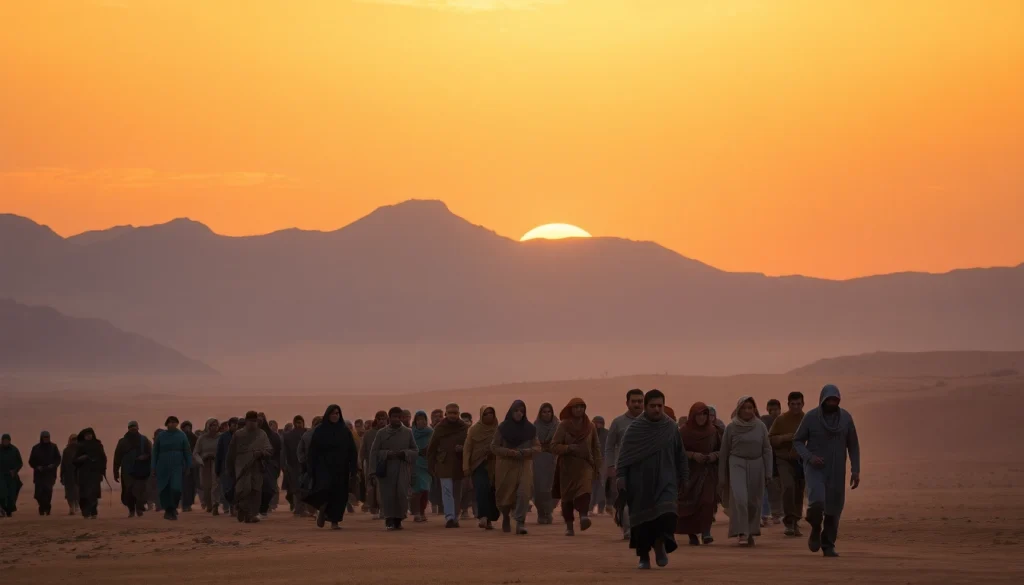 Experience the essence of Exodus through a hopeful procession in a desert landscape.